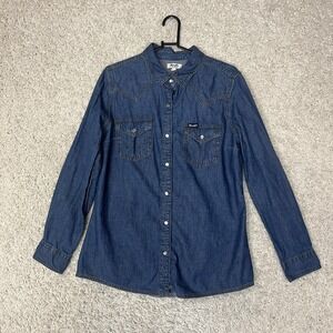 Wrangler Retro Shirt Mens Medium Blue Denim Pearl Snap Western Cowboy Rodeo